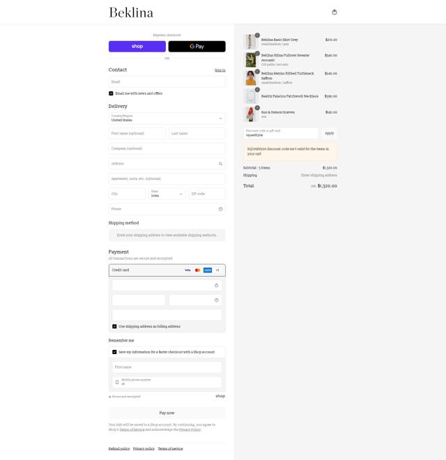 Beklina checkout page showing Beklina promo code box | Screenshot taken by SimplyCodes community member on Sep 12, 2025