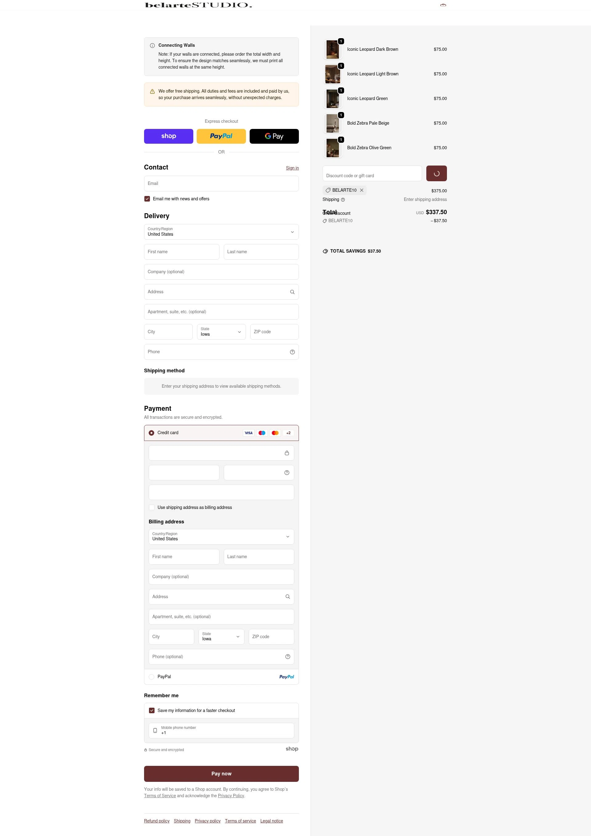 belarteSTUDIO checkout page showing belarteSTUDIO promo code box | Screenshot taken by SimplyCodes community member on Jan 25, 2026