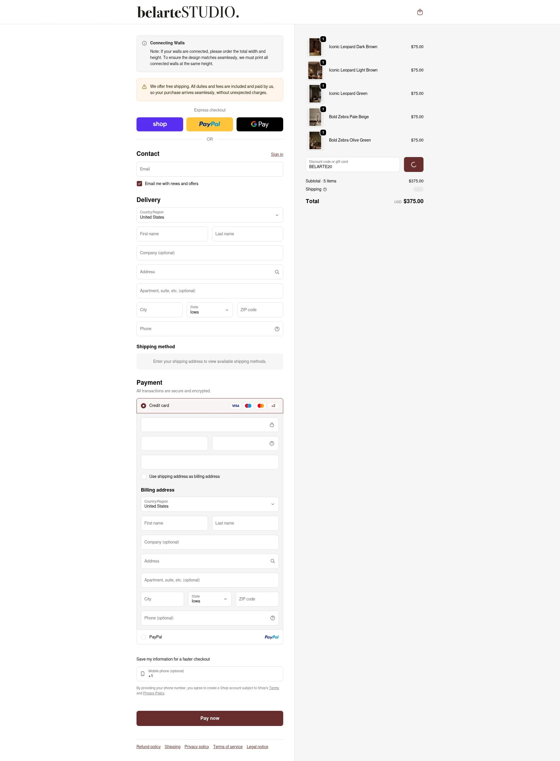 belarteSTUDIO checkout page showing belarteSTUDIO promo code box | Screenshot taken by SimplyCodes community member on Feb 7, 2026