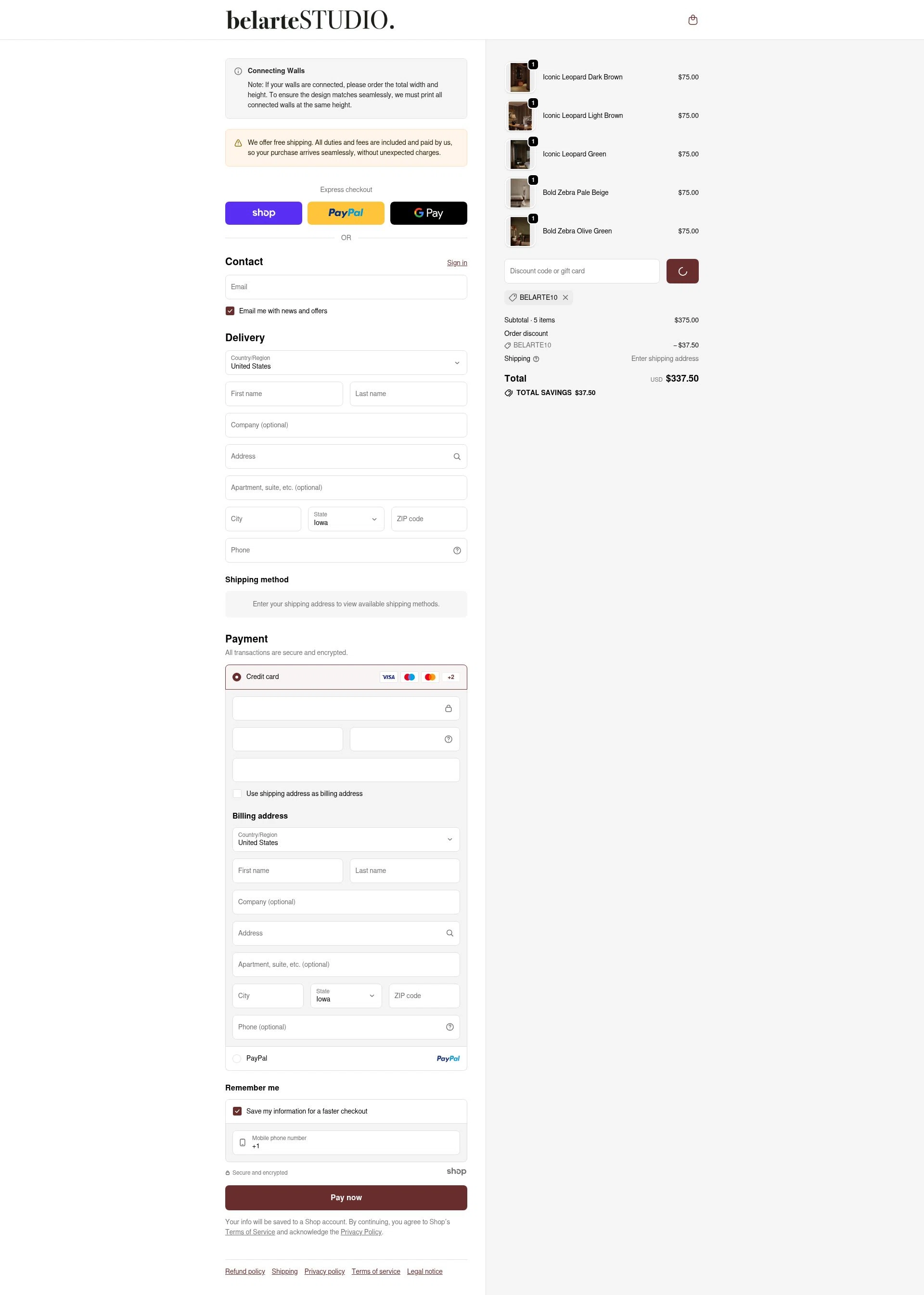 belarteSTUDIO checkout page showing belarteSTUDIO promo code box | Screenshot taken by SimplyCodes community member on Jan 20, 2026