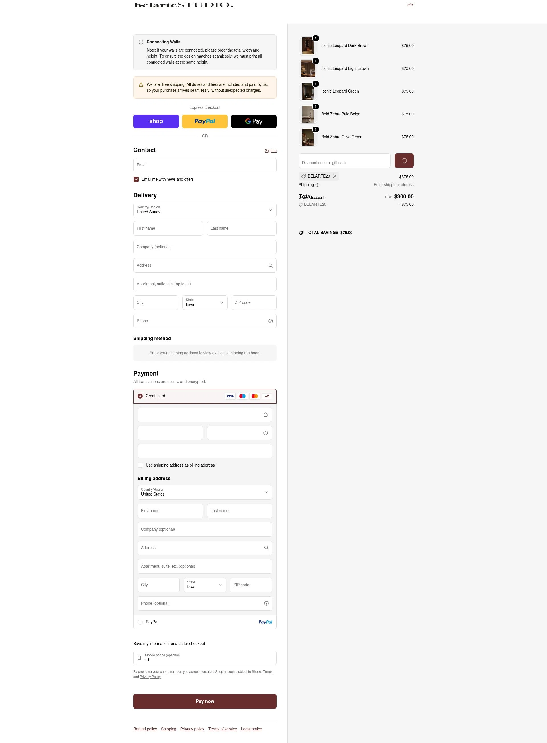 belarteSTUDIO checkout page showing belarteSTUDIO promo code box | Screenshot taken by SimplyCodes community member on Feb 3, 2026