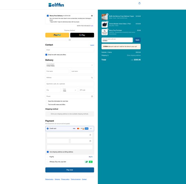 Belffin checkout page showing Belffin discount code box | Screenshot taken by SimplyCodes community member on Sep 3, 2025