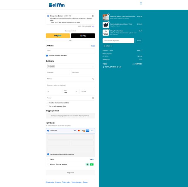 Belffin checkout page showing Belffin discount code box | Screenshot taken by SimplyCodes community member on Sep 3, 2025
