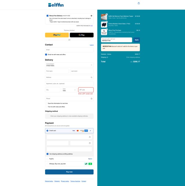 Belffin checkout page showing Belffin discount code box | Screenshot taken by SimplyCodes community member on Sep 3, 2025