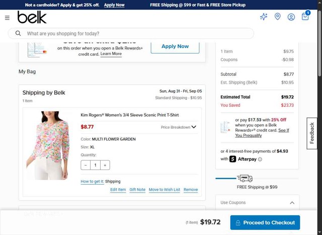 Belk checkout page showing Belk coupon code box | Screenshot taken by SimplyCodes community member on Aug 28, 2025