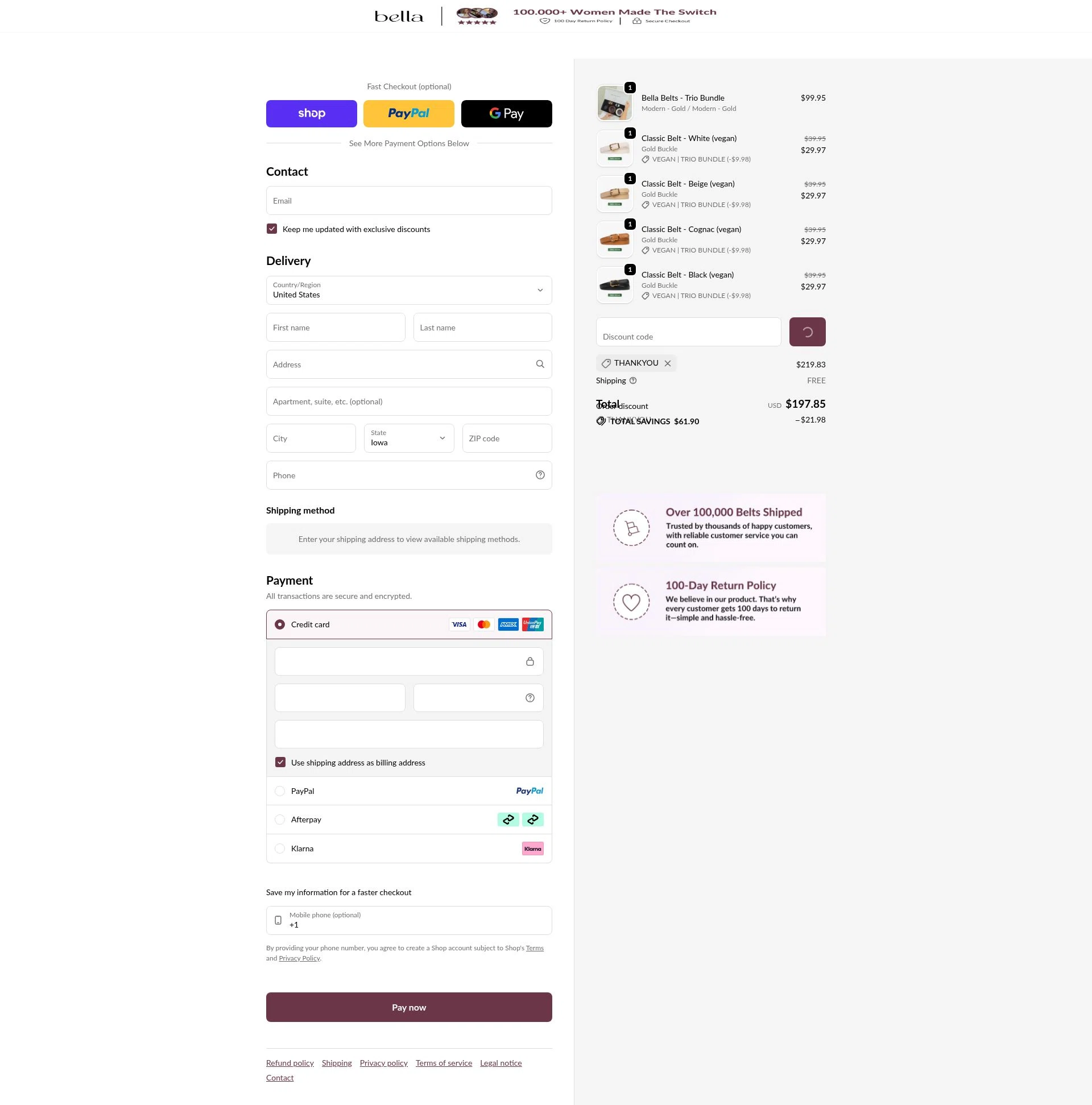 Bella Belts checkout page showing Bella Belts discount code box | Screenshot taken by SimplyCodes community member on Feb 10, 2026