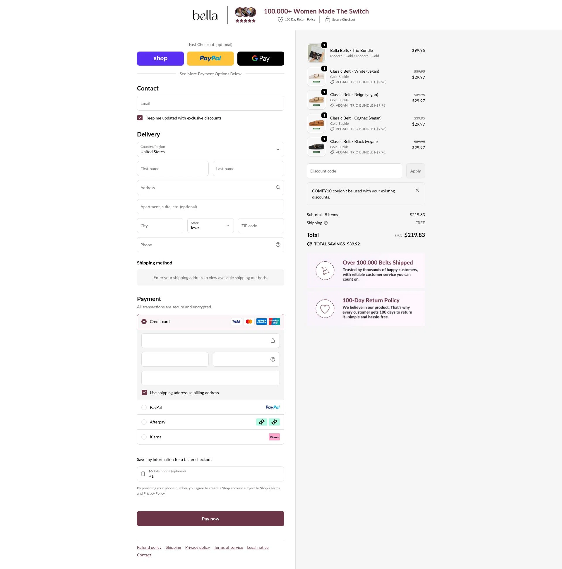 Bella Belts checkout page showing Bella Belts discount code box | Screenshot taken by SimplyCodes community member on Feb 10, 2026