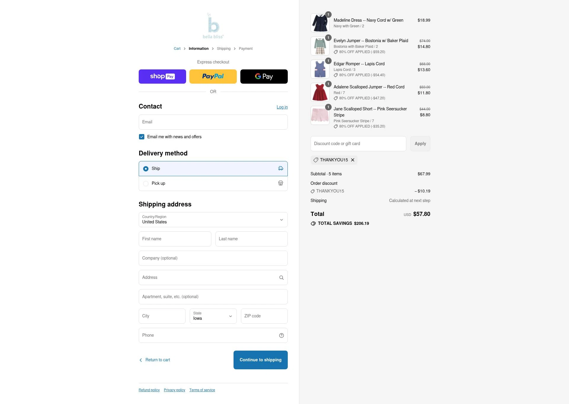 Bella Bliss checkout page showing Bella Bliss promo code box | Screenshot taken by SimplyCodes community member on Aug 5, 2025
