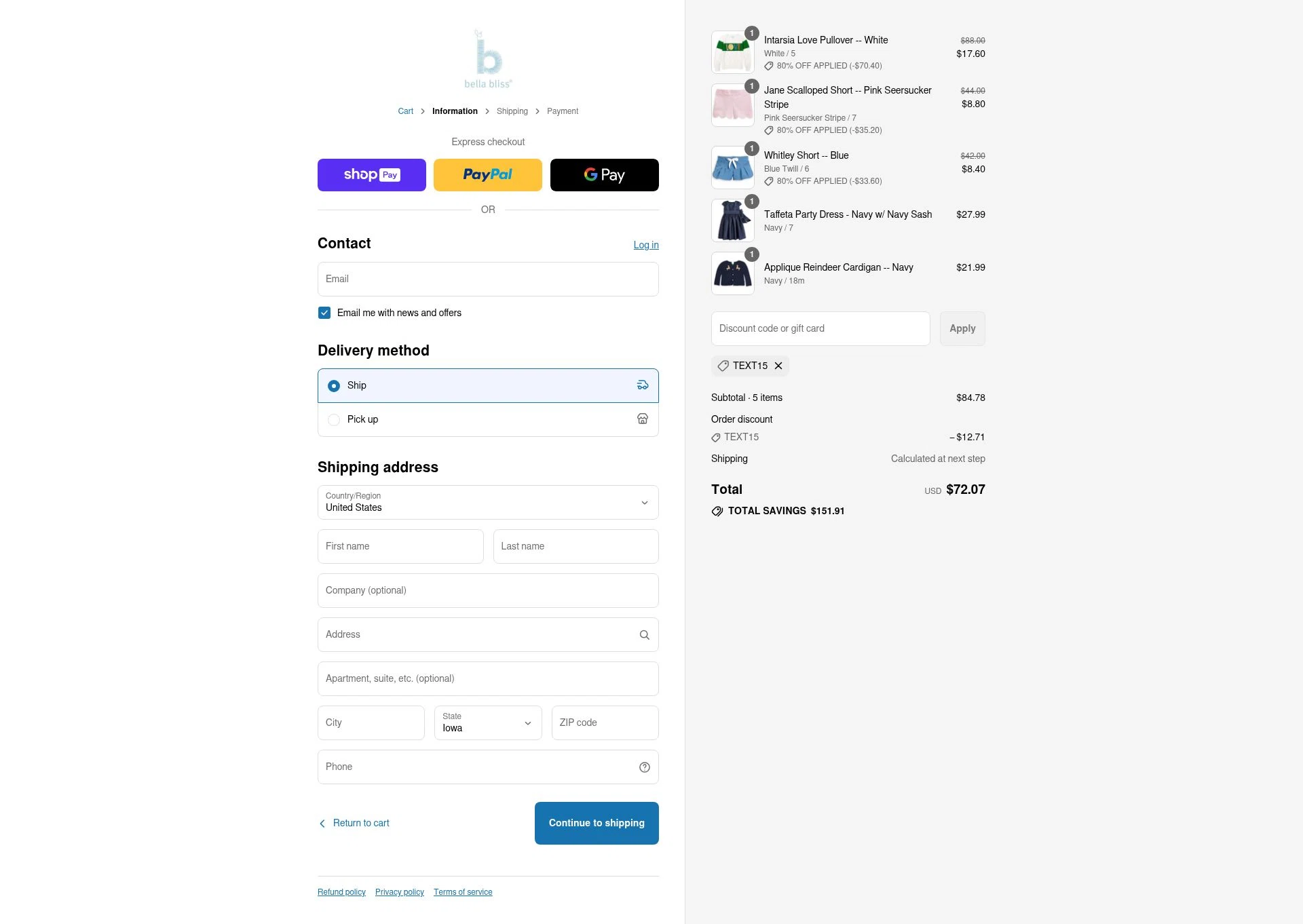 Bella Bliss checkout page showing Bella Bliss promo code box | Screenshot taken by SimplyCodes community member on Aug 1, 2025