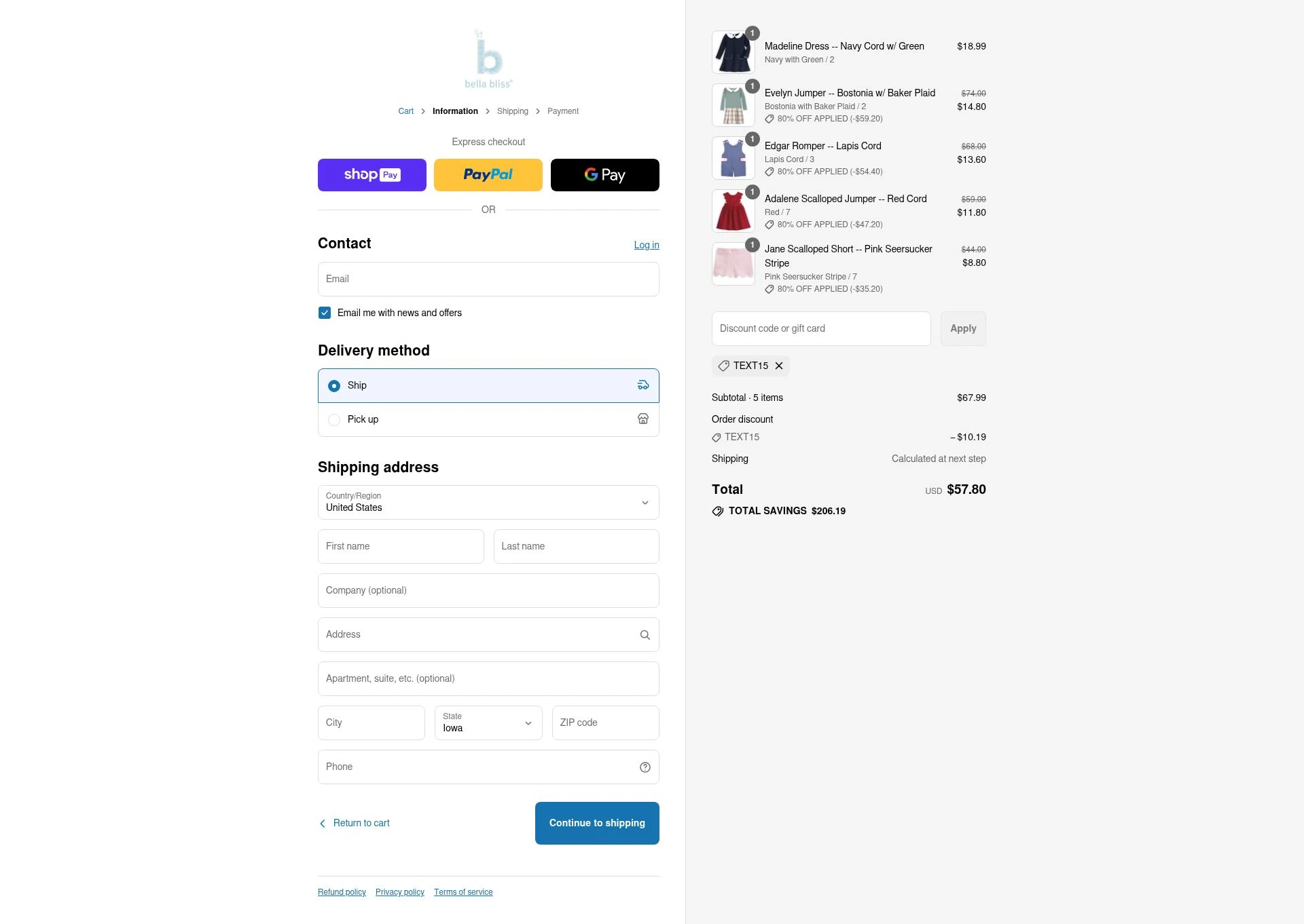 Bella Bliss checkout page showing Bella Bliss promo code box | Screenshot taken by SimplyCodes community member on Aug 5, 2025