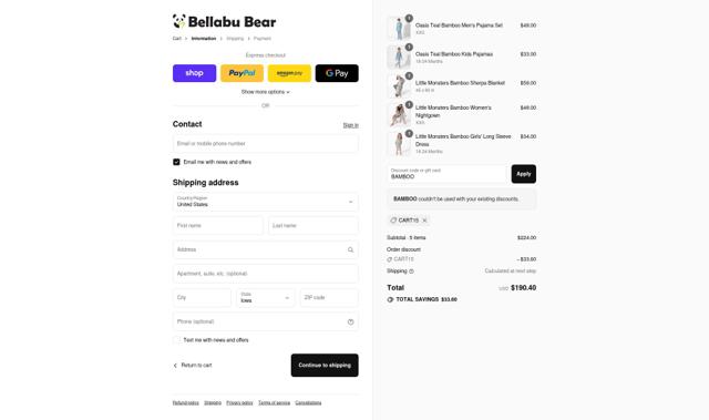 Bellabu Bear checkout page showing Bellabu Bear discount code box | Screenshot taken by SimplyCodes community member on Sep 10, 2025
