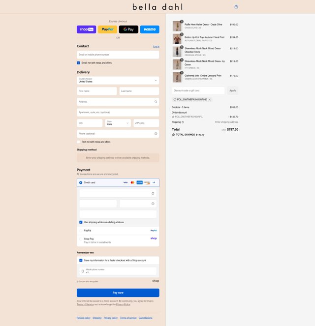 Bella Dahl checkout page showing Bella Dahl coupon code box | Screenshot taken by SimplyCodes community member on Aug 25, 2025