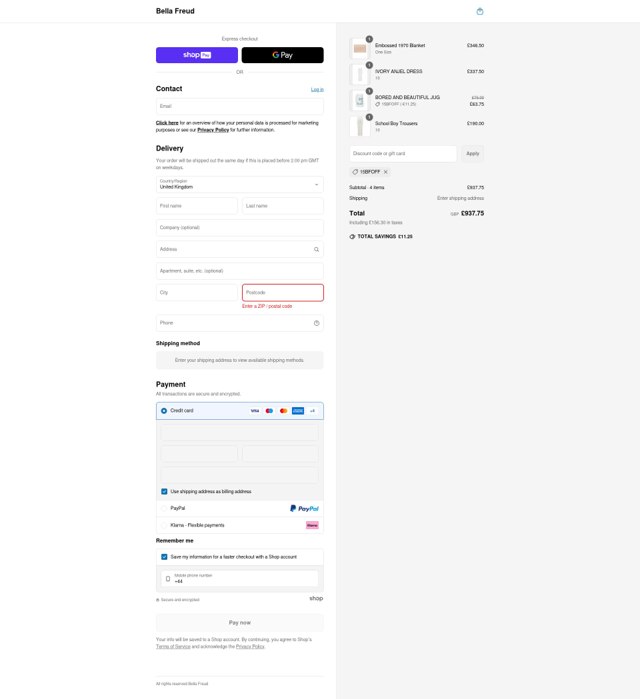 Bella Freud checkout page showing Bella Freud discount code box | Screenshot taken by SimplyCodes community member on Jun 29, 2025