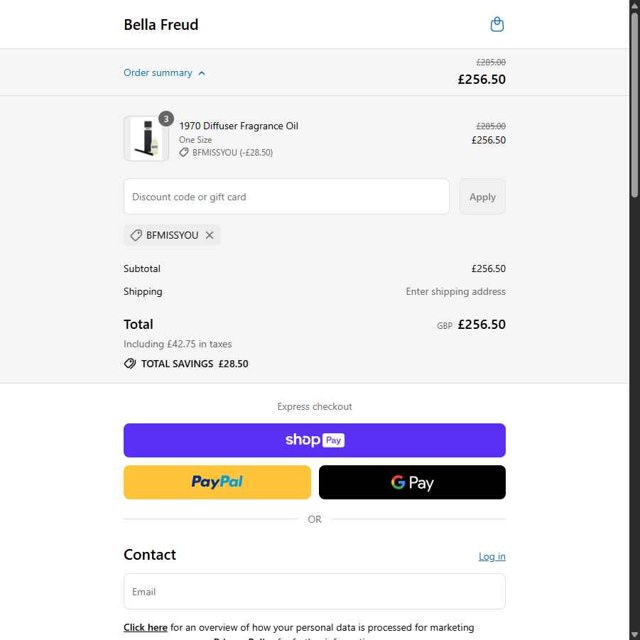 Bella Freud checkout page showing Bella Freud discount code box | Screenshot taken by SimplyCodes community member on Jul 28, 2025