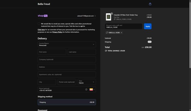 Bella Freud checkout page showing Bella Freud discount code box | Screenshot taken by SimplyCodes community member on Aug 26, 2025