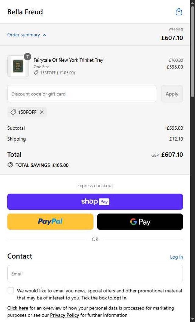 Bella Freud checkout page showing Bella Freud discount code box | Screenshot taken by SimplyCodes community member on Aug 25, 2025