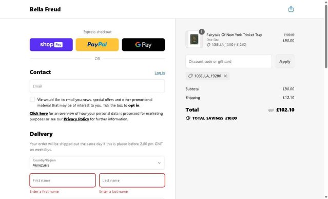 Bella Freud checkout page showing Bella Freud discount code box | Screenshot taken by SimplyCodes community member on Jul 28, 2025