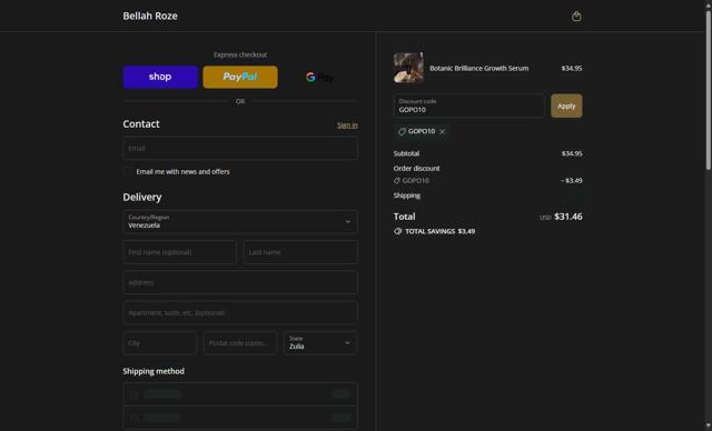 Bellah Roze checkout page showing Bellah Roze promo code box | Screenshot taken by SimplyCodes community member on Sep 16, 2025