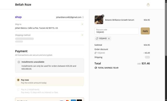 Bellah Roze checkout page showing Bellah Roze promo code box | Screenshot taken by SimplyCodes community member on Sep 16, 2025