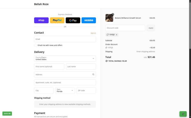 Bellah Roze checkout page showing Bellah Roze promo code box | Screenshot taken by SimplyCodes community member on Sep 16, 2025