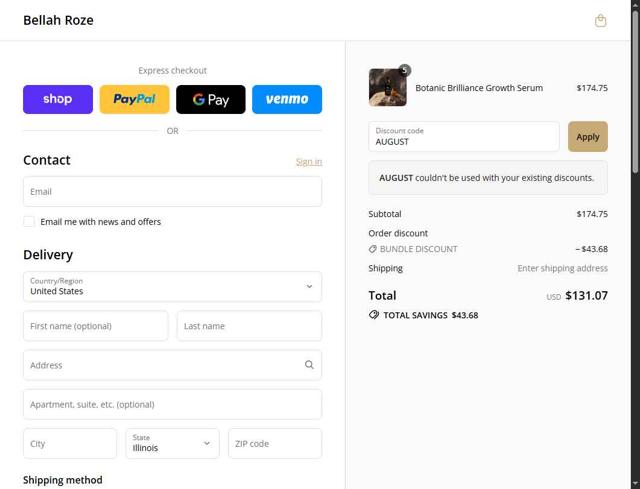 Bellah Roze checkout page showing Bellah Roze promo code box | Screenshot taken by SimplyCodes community member on Sep 16, 2025