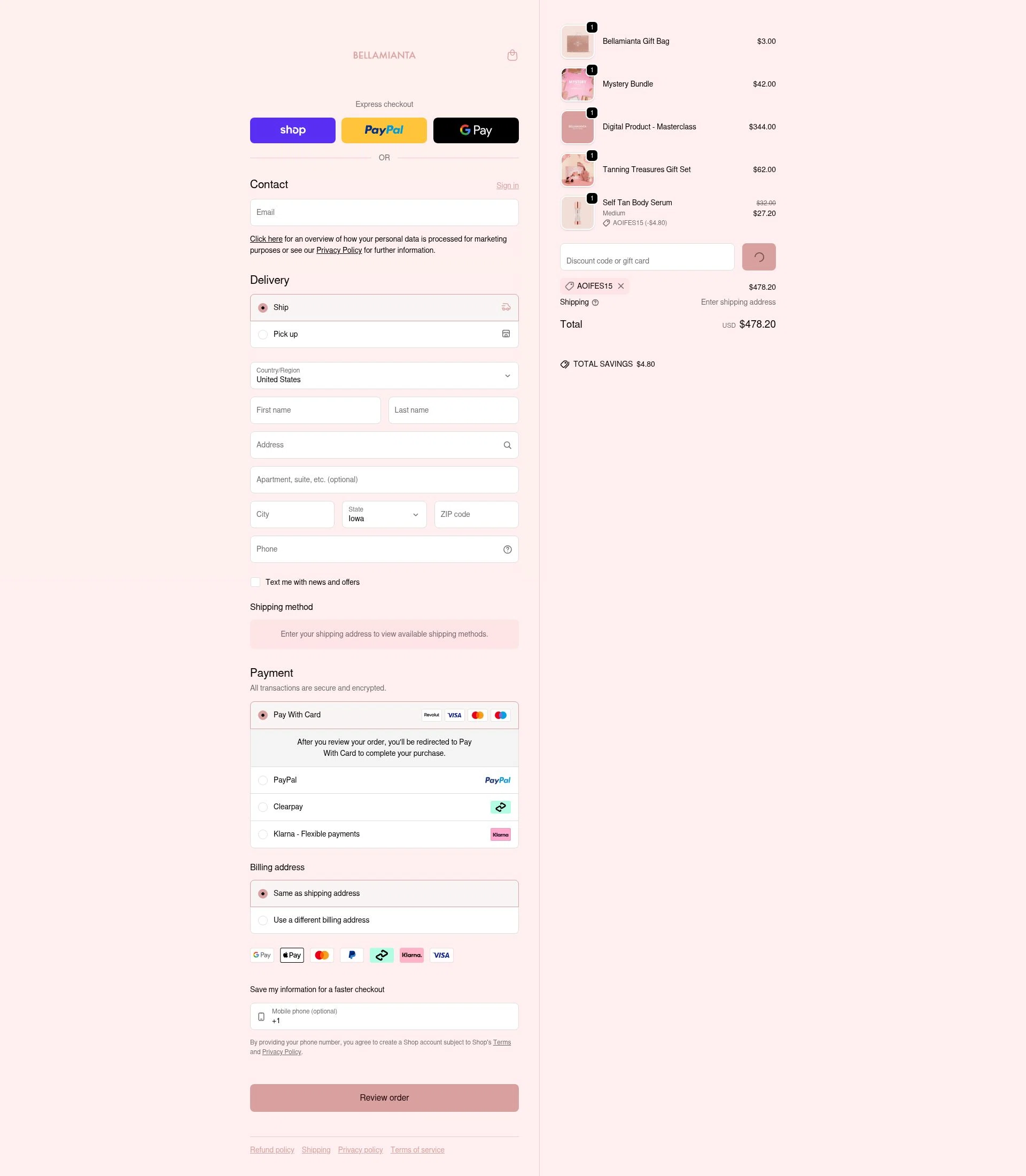 Bellamianta checkout page showing Bellamianta discount code box | Screenshot taken by SimplyCodes community member on Feb 19, 2026