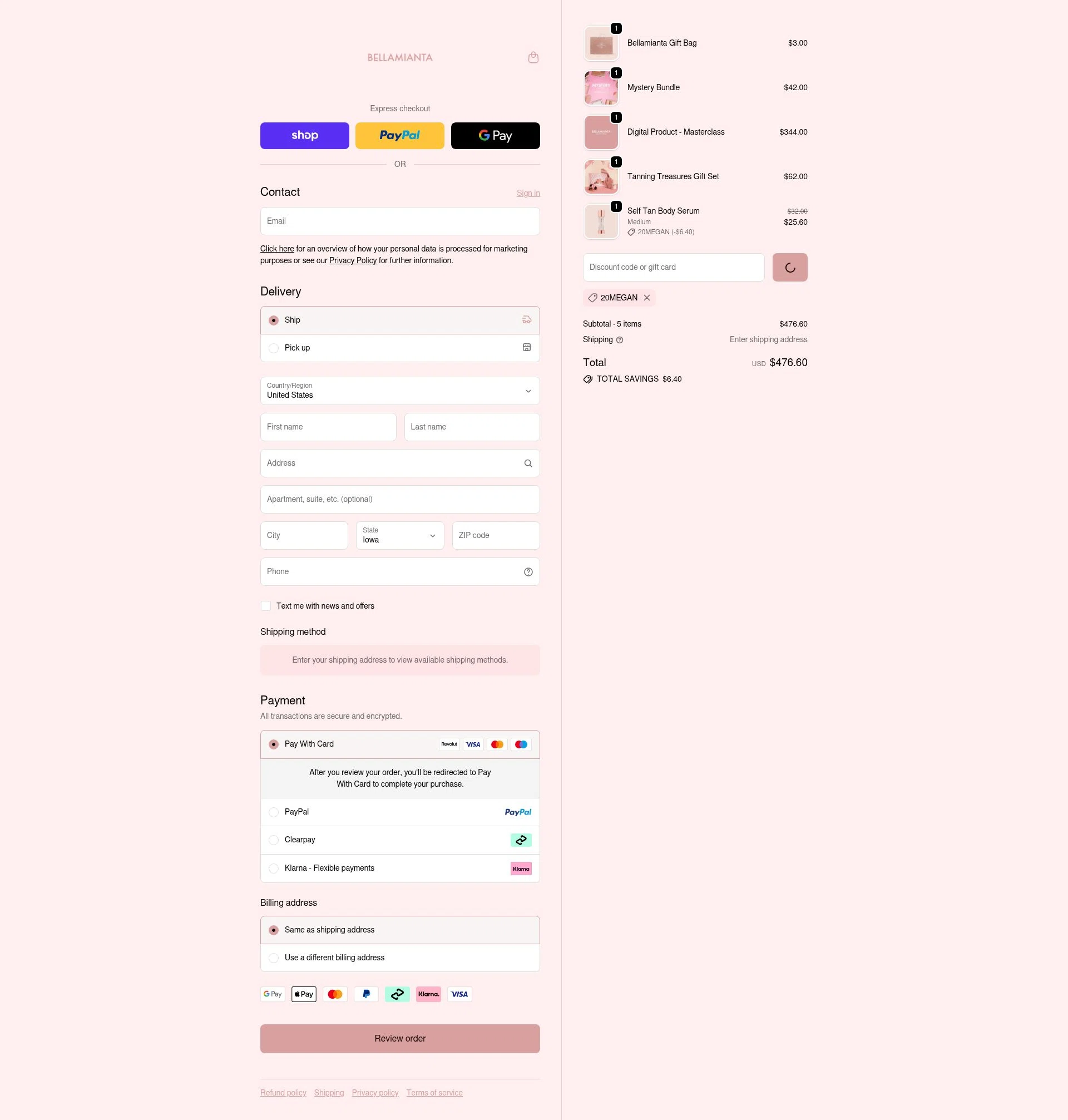 Bellamianta checkout page showing Bellamianta discount code box | Screenshot taken by SimplyCodes community member on Feb 19, 2026