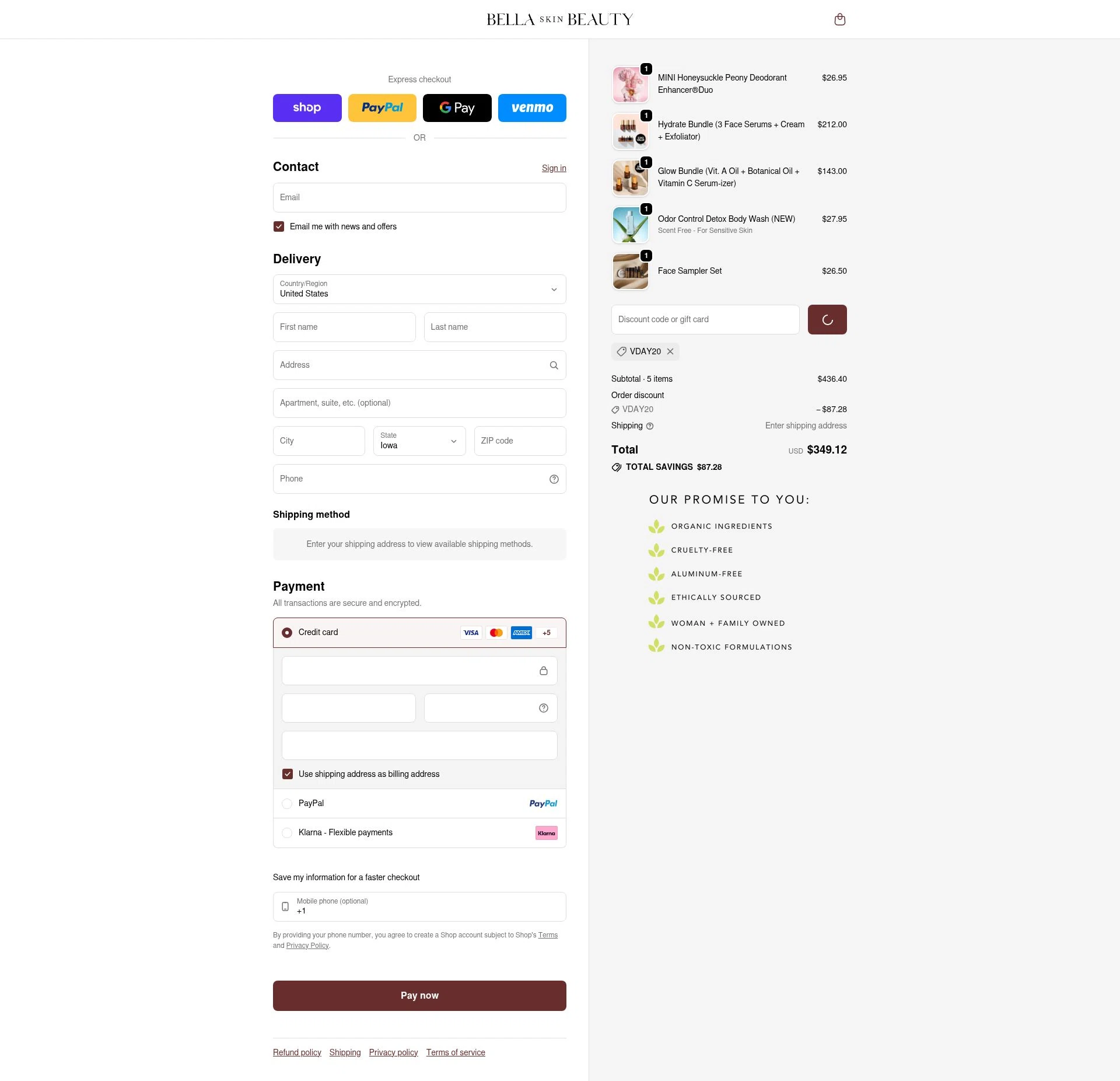 Bella Skin Beauty checkout page showing Bella Skin Beauty coupon code box | Screenshot taken by SimplyCodes community member on Feb 19, 2026