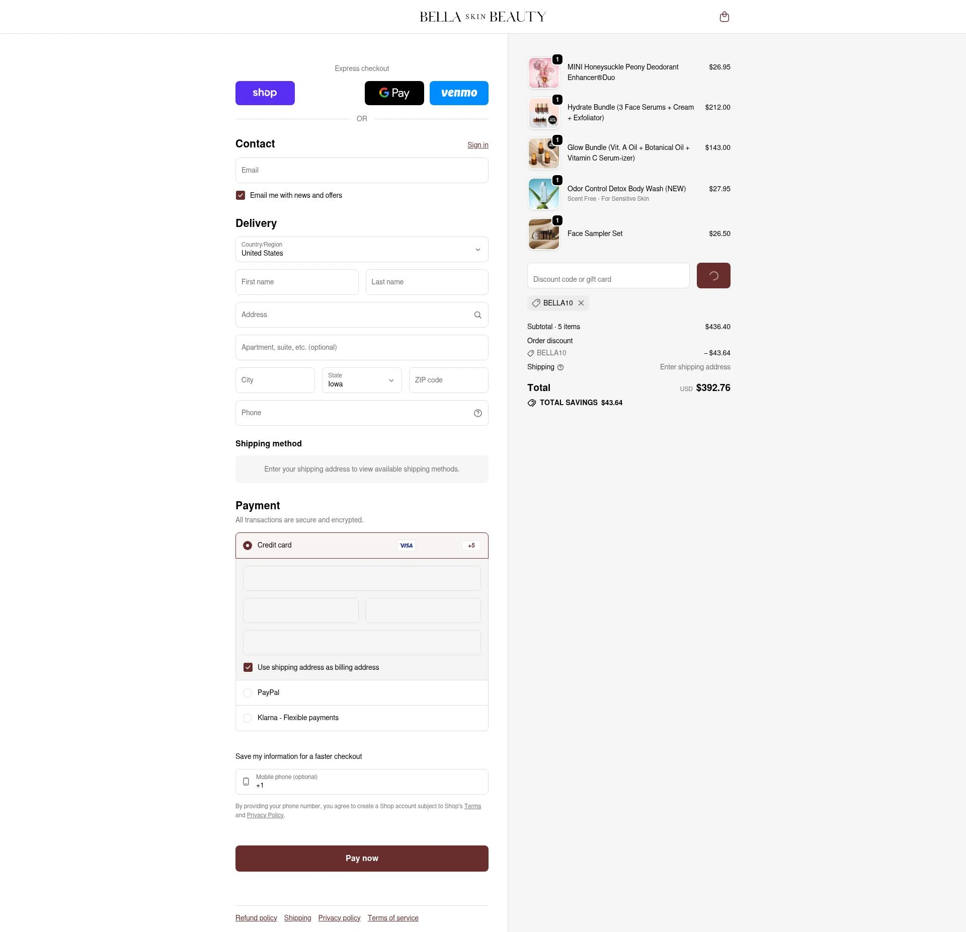 Bella Skin Beauty checkout page showing Bella Skin Beauty coupon code box | Screenshot taken by SimplyCodes community member on Feb 15, 2026