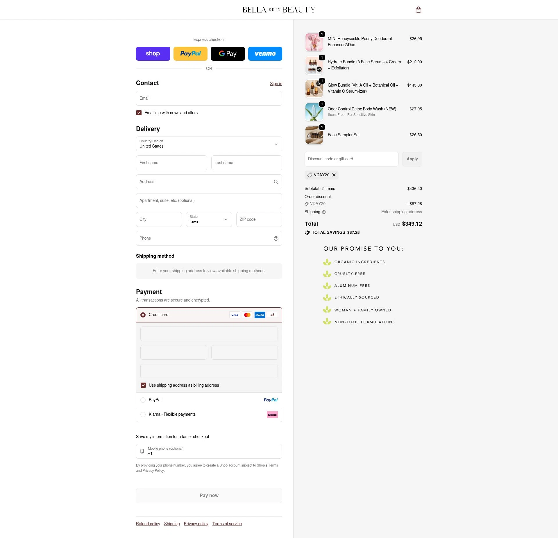 Bella Skin Beauty checkout page showing Bella Skin Beauty coupon code box | Screenshot taken by SimplyCodes community member on Feb 15, 2026