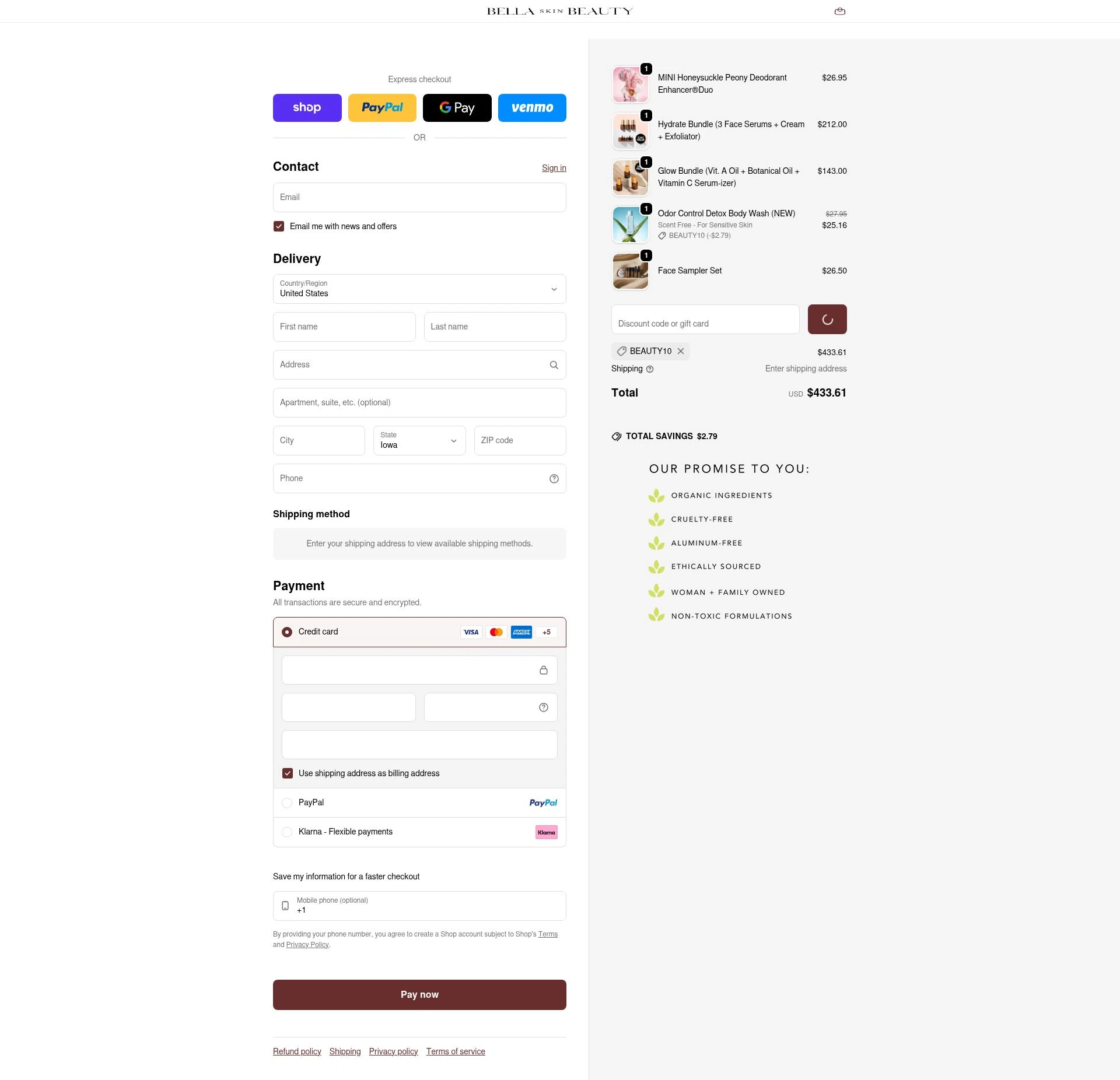 Bella Skin Beauty checkout page showing Bella Skin Beauty coupon code box | Screenshot taken by SimplyCodes community member on Feb 19, 2026