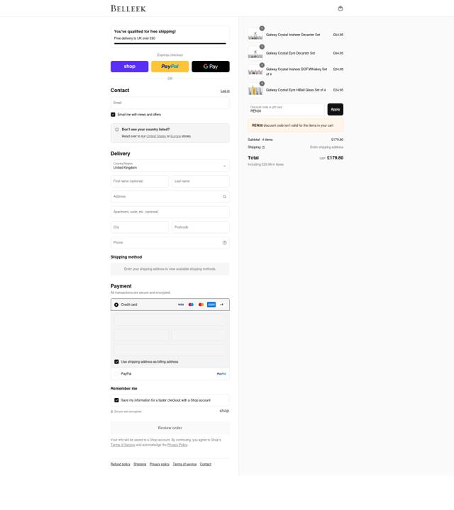 Belleek checkout page showing Belleek discount code box | Screenshot taken by SimplyCodes community member on Sep 3, 2025
