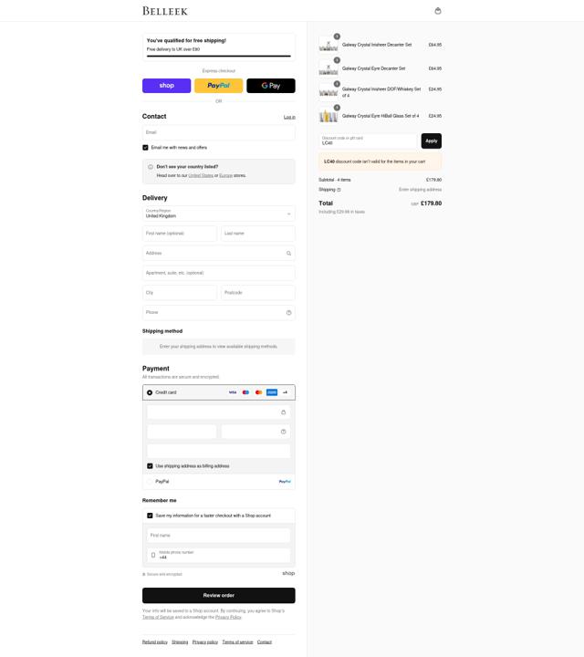 Belleek checkout page showing Belleek discount code box | Screenshot taken by SimplyCodes community member on Sep 8, 2025