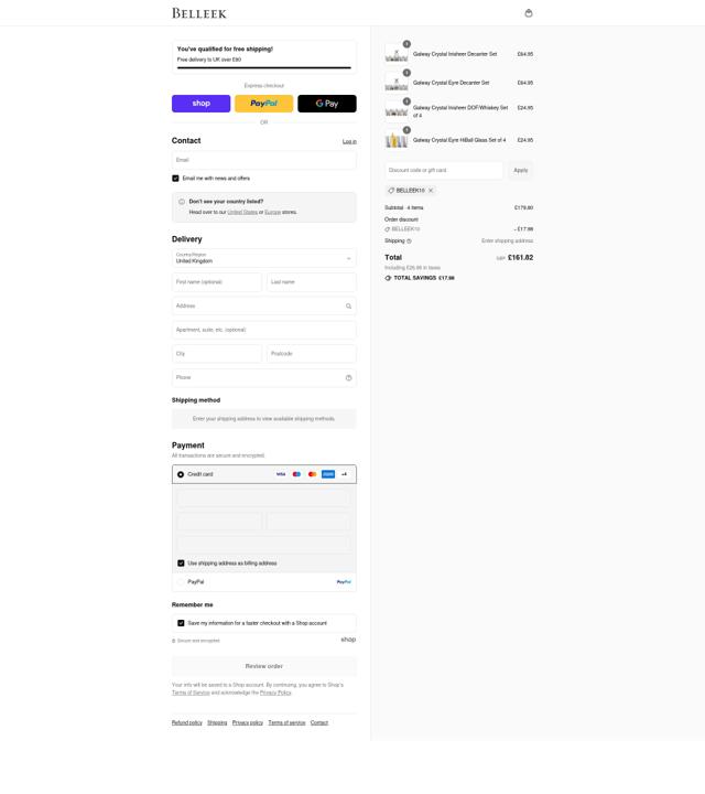 Belleek checkout page showing Belleek discount code box | Screenshot taken by SimplyCodes community member on Sep 8, 2025