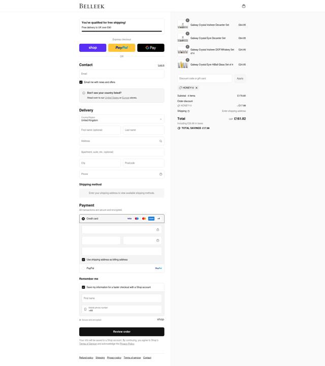 Belleek checkout page showing Belleek discount code box | Screenshot taken by SimplyCodes community member on Sep 8, 2025