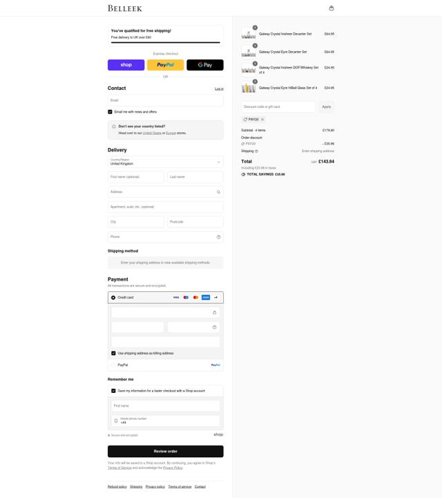 Belleek checkout page showing Belleek discount code box | Screenshot taken by SimplyCodes community member on Sep 8, 2025