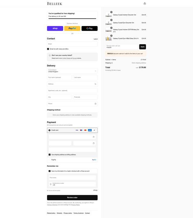 Belleek checkout page showing Belleek discount code box | Screenshot taken by SimplyCodes community member on Sep 8, 2025
