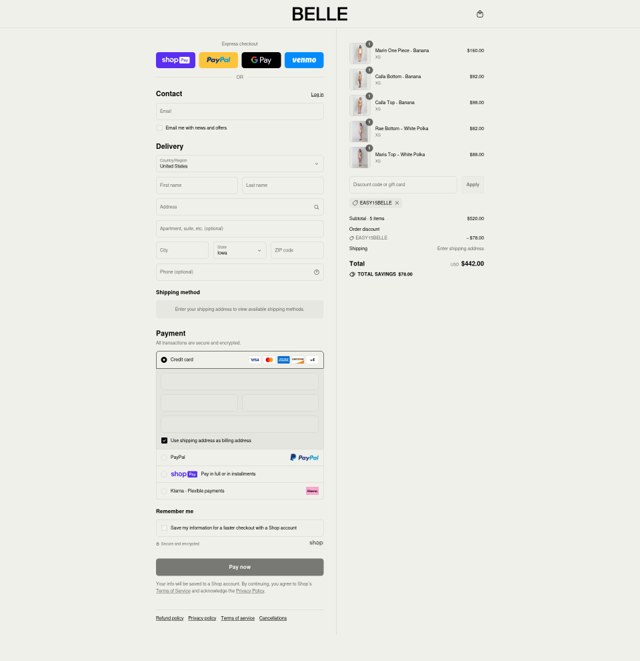 Belle The Label checkout page showing Belle The Label discount code box | Screenshot taken by SimplyCodes community member on Aug 9, 2025