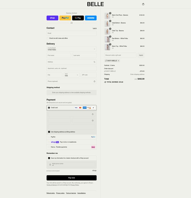 Belle The Label checkout page showing Belle The Label discount code box | Screenshot taken by SimplyCodes community member on Aug 13, 2025
