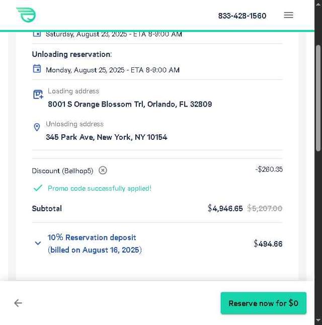 Bellhop checkout page showing Bellhop coupon code box | Screenshot taken by SimplyCodes community member on Aug 14, 2025