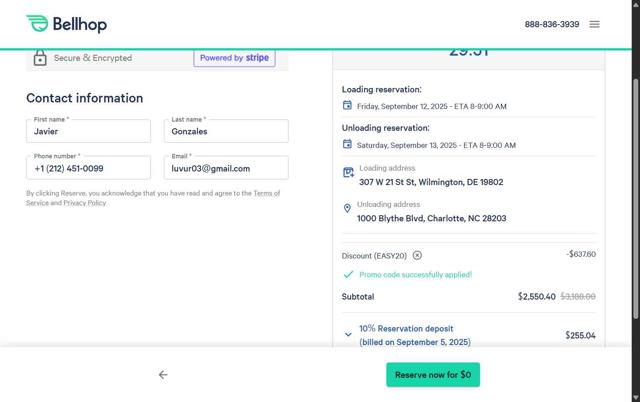 Bellhop checkout page showing Bellhop coupon code box | Screenshot taken by SimplyCodes community member on Sep 3, 2025