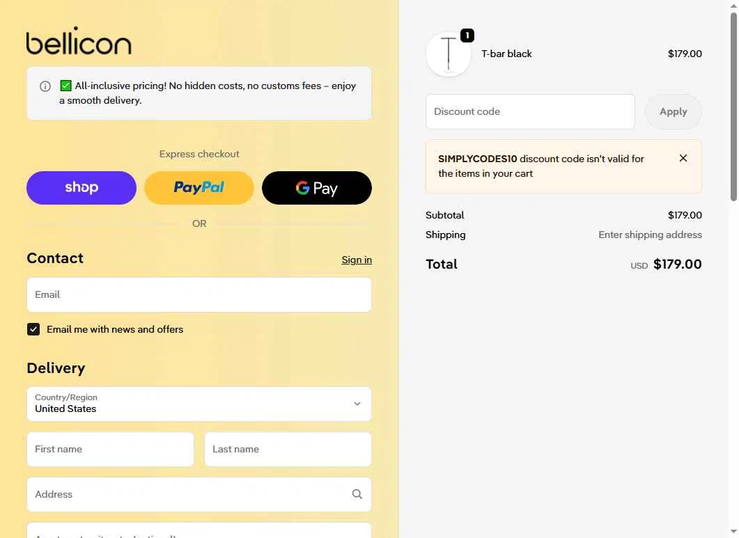 bellicon checkout page showing bellicon discount code box | Screenshot taken by SimplyCodes community member on Jan 6, 2026