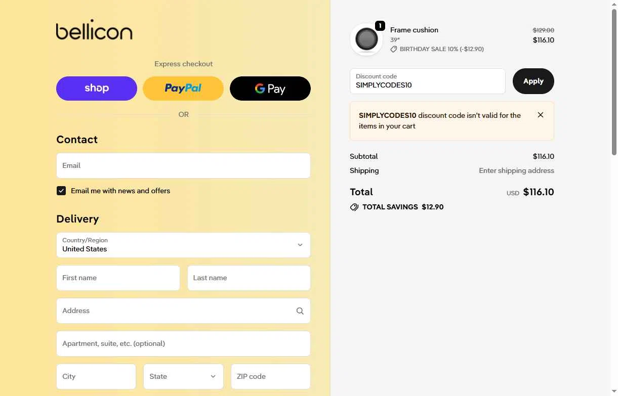 bellicon checkout page showing bellicon discount code box | Screenshot taken by SimplyCodes community member on Oct 11, 2025