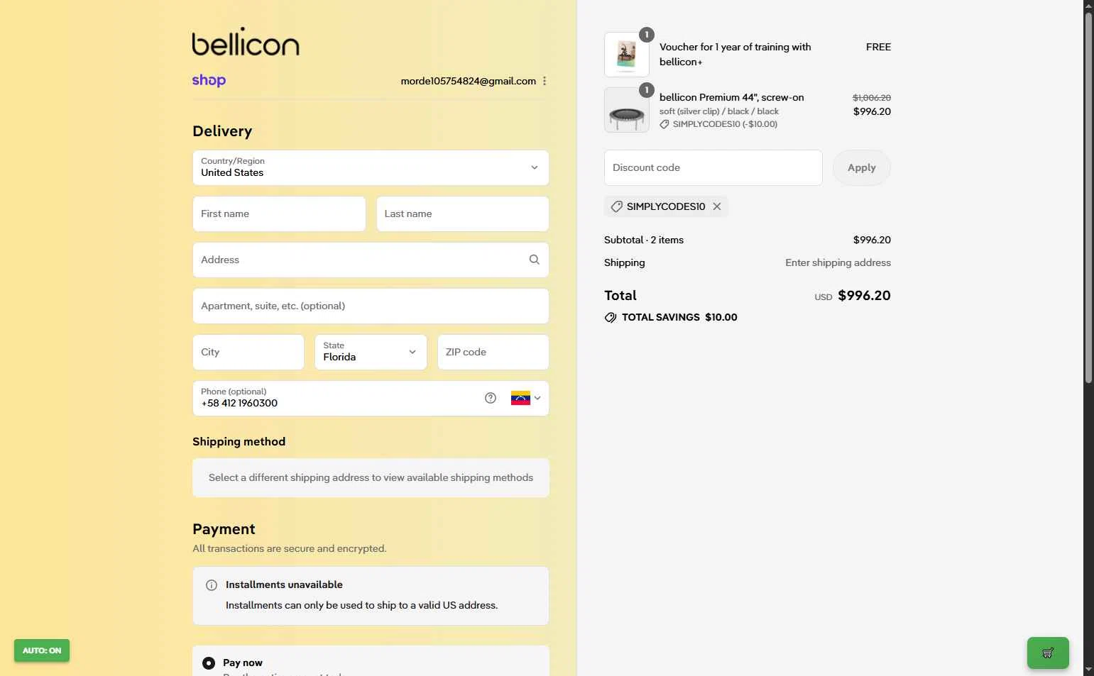 bellicon checkout page showing bellicon discount code box | Screenshot taken by SimplyCodes community member on Sep 12, 2025