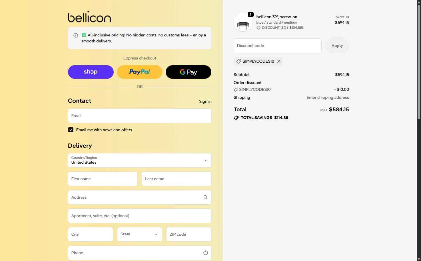 bellicon checkout page showing bellicon discount code box | Screenshot taken by SimplyCodes community member on Feb 20, 2026