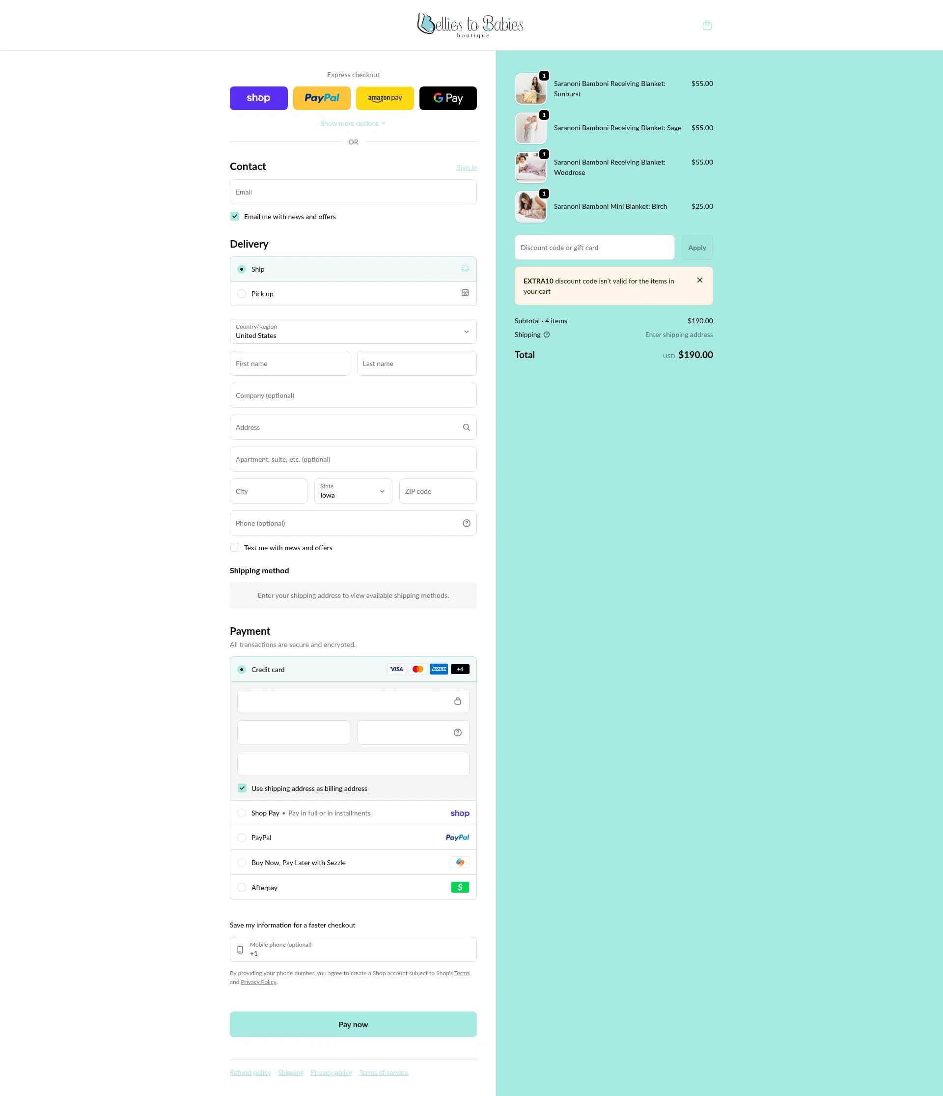Bellies to Babies Boutique checkout page showing Bellies to Babies Boutique promo code box | Screenshot taken by SimplyCodes community member on Jan 30, 2026
