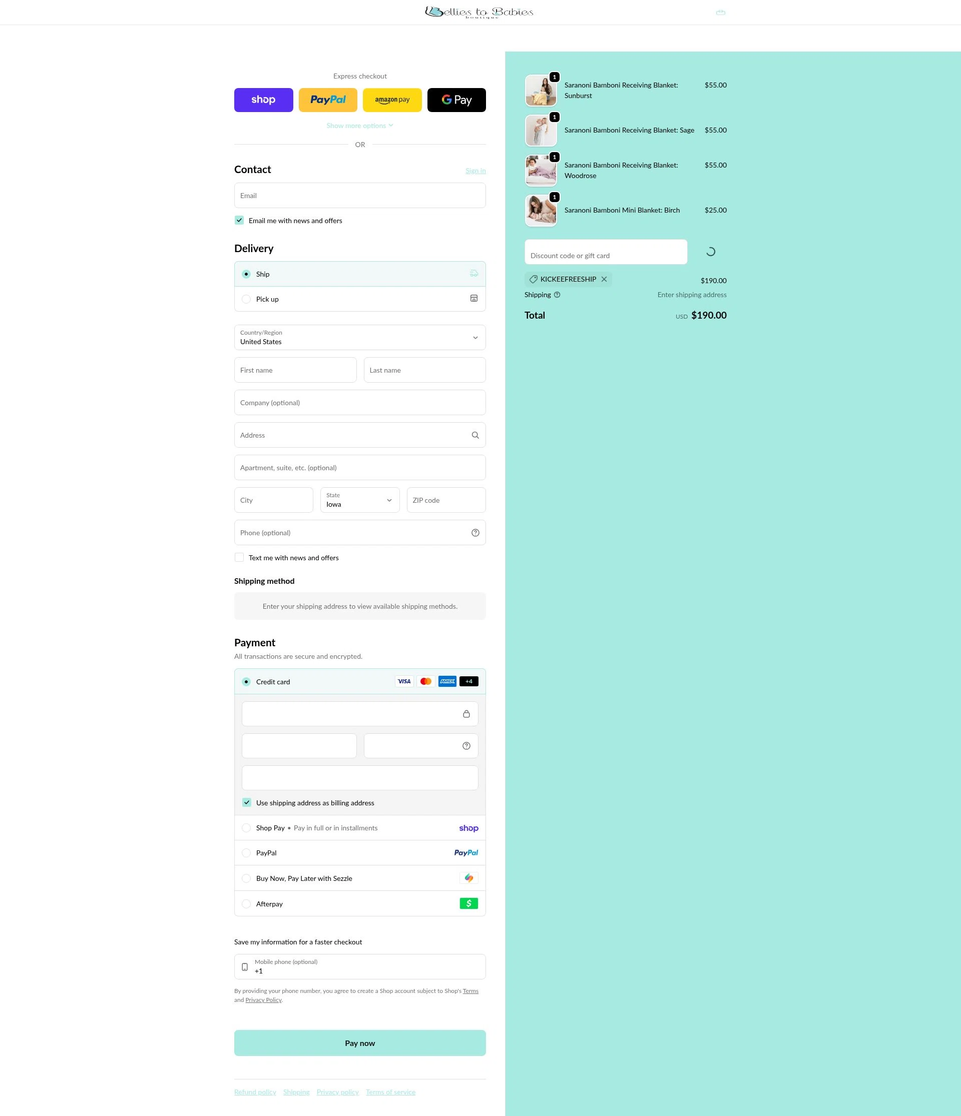 Bellies to Babies Boutique checkout page showing Bellies to Babies Boutique promo code box | Screenshot taken by SimplyCodes community member on Feb 4, 2026