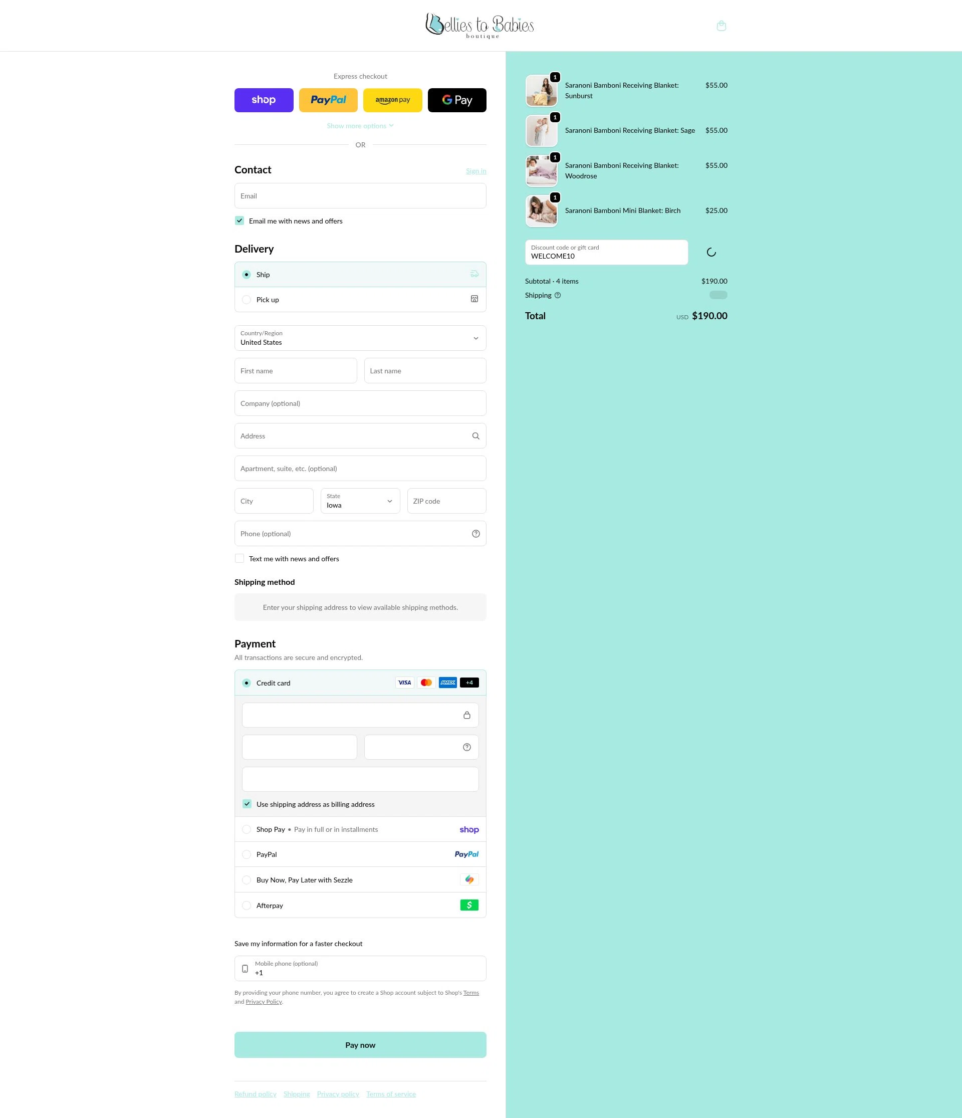 Bellies to Babies Boutique checkout page showing Bellies to Babies Boutique promo code box | Screenshot taken by SimplyCodes community member on Jan 30, 2026