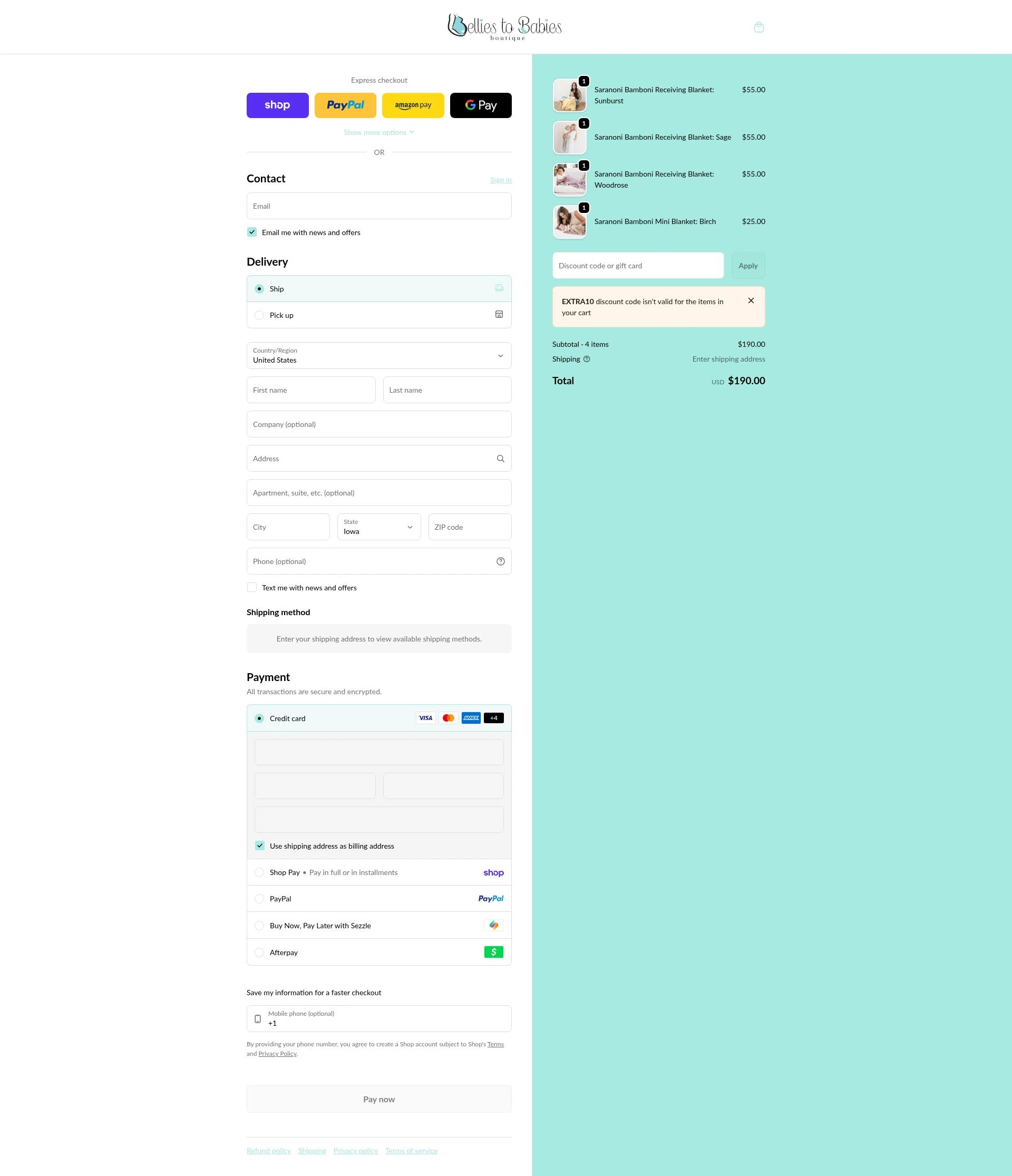 Bellies to Babies Boutique checkout page showing Bellies to Babies Boutique promo code box | Screenshot taken by SimplyCodes community member on Feb 4, 2026