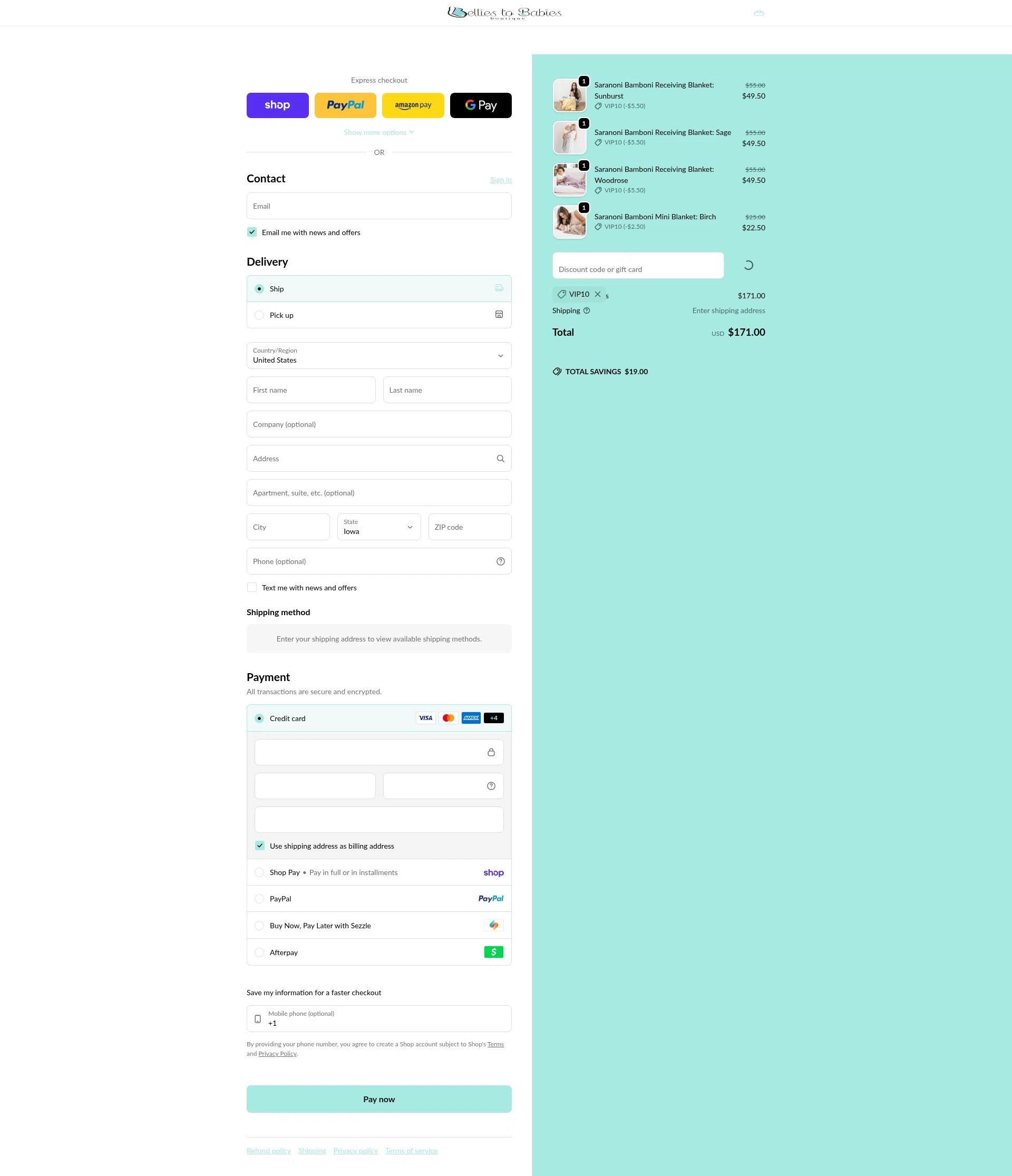 Bellies to Babies Boutique checkout page showing Bellies to Babies Boutique promo code box | Screenshot taken by SimplyCodes community member on Feb 4, 2026